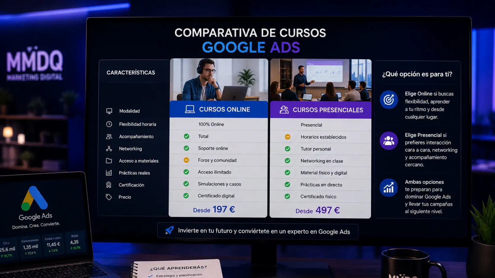 Comparativa de cursos Google Ads online y presenciales