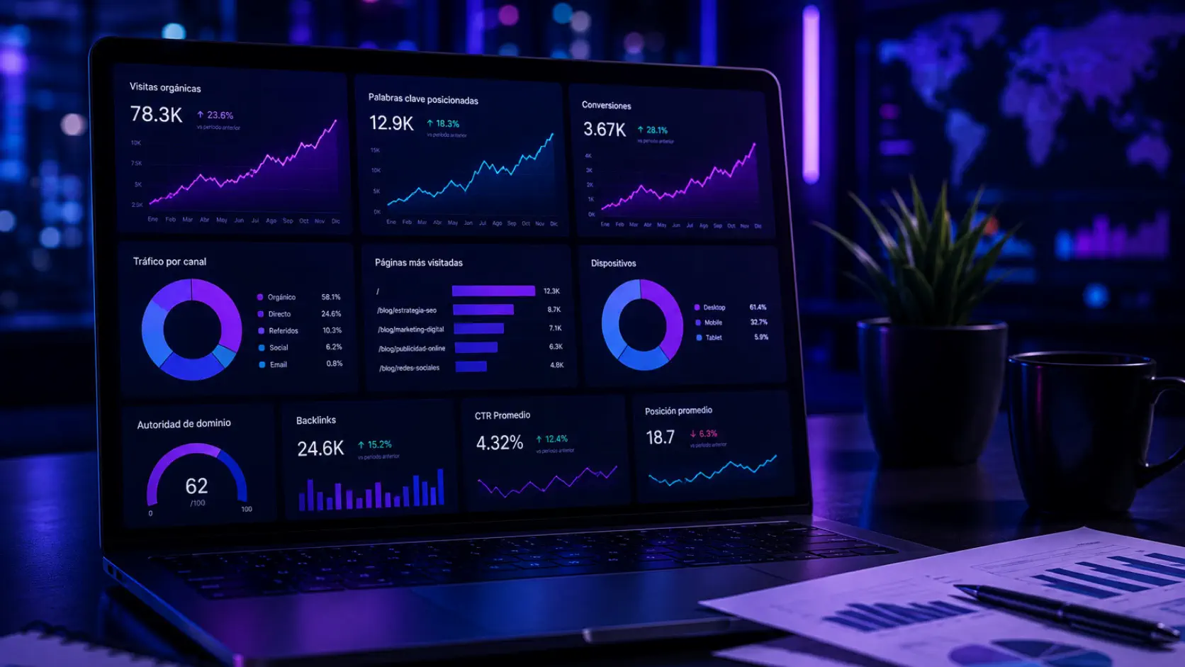 Analítica de blog de marketing digital con resultados, tráfico orgánico, conversiones y dashboards