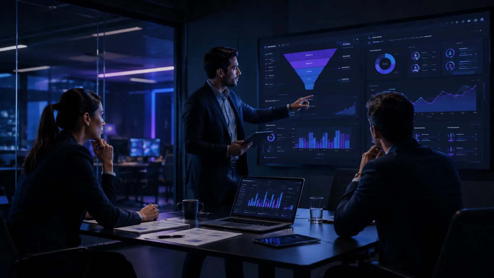 Reunión estratégica de marketing digital para empresas con dashboards y análisis de crecimiento