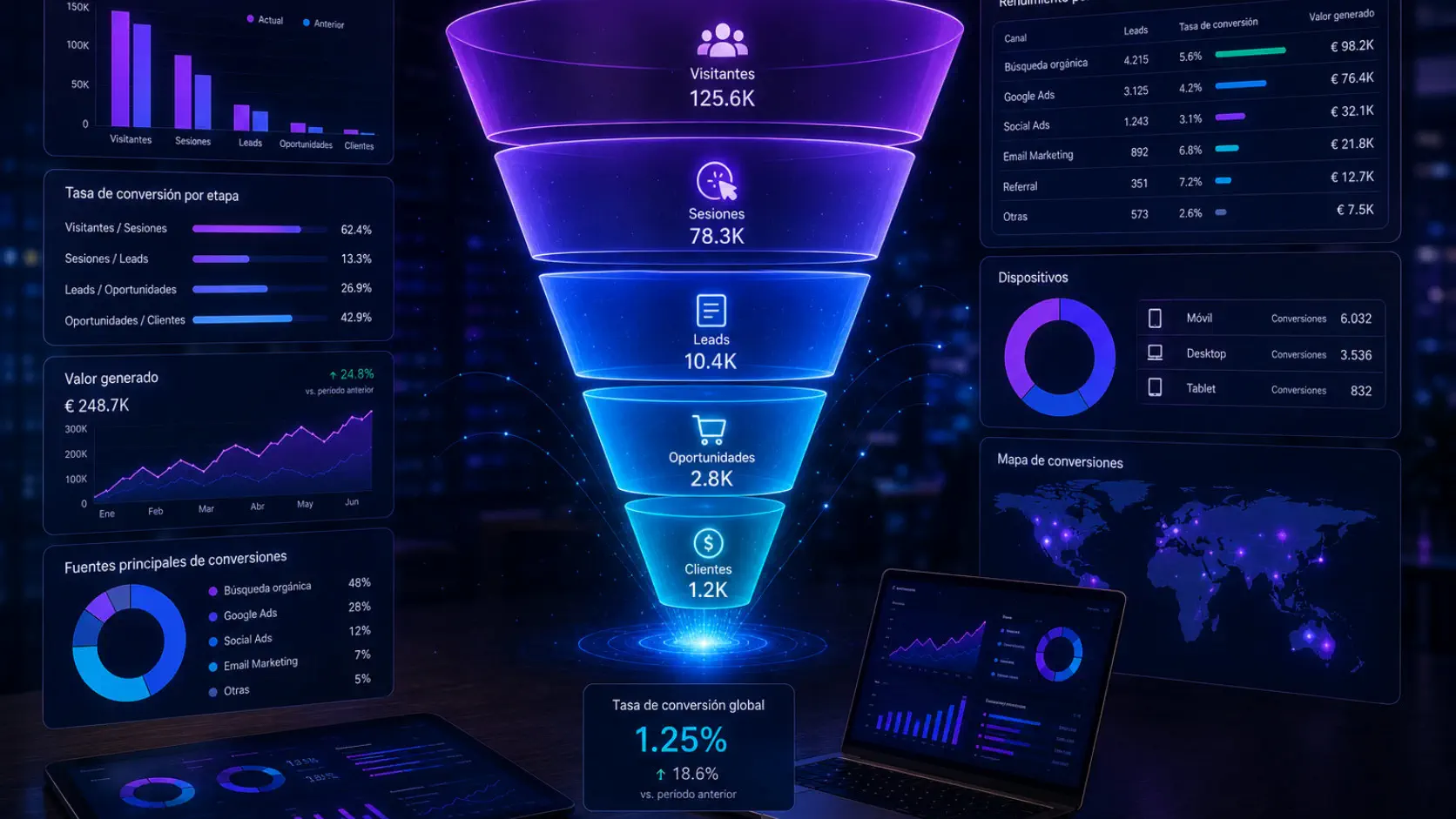 Embudo de conversión analizado con datos de marketing digital