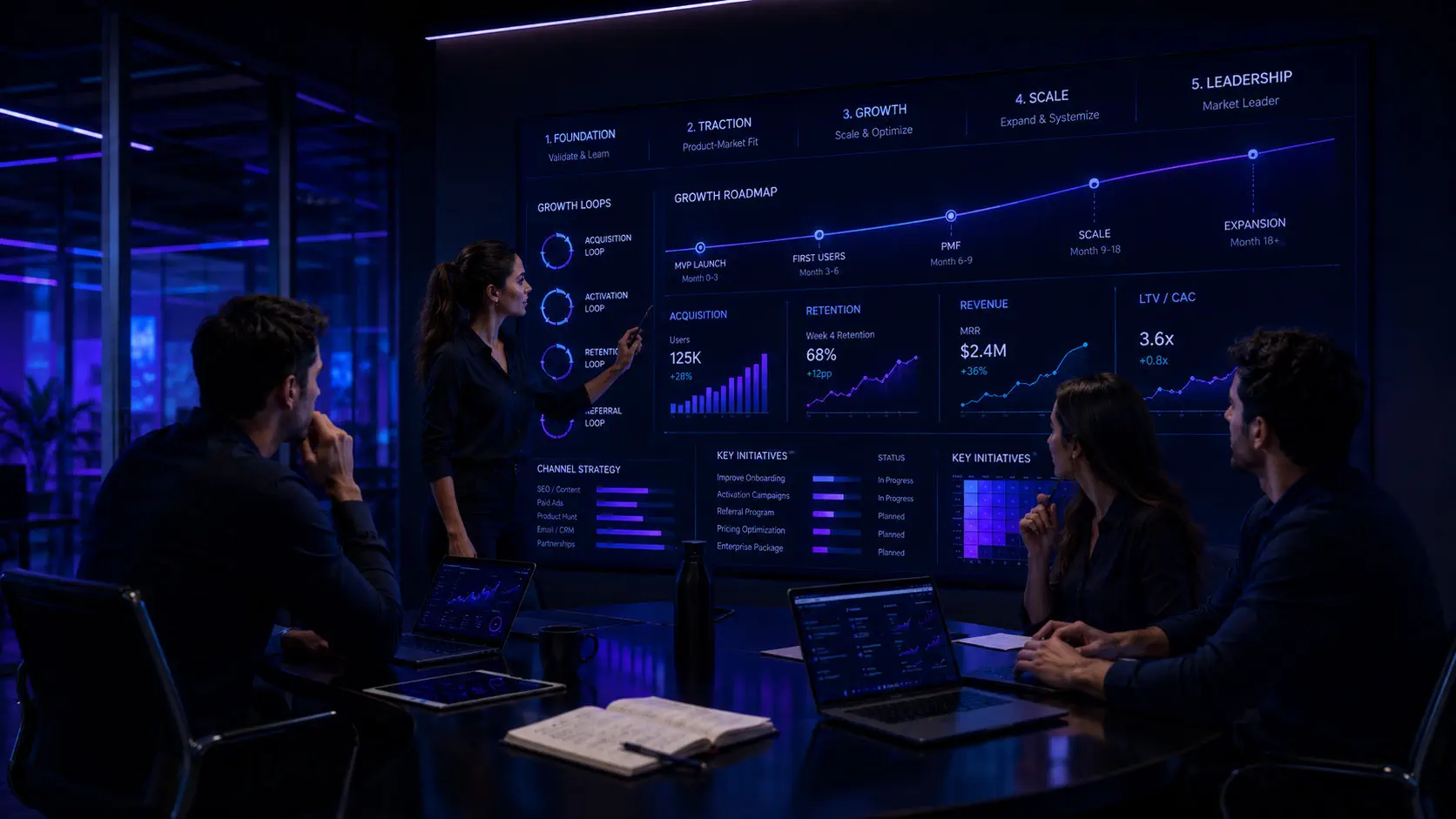 Estrategia de crecimiento para startup con roadmap y métricas de marketing