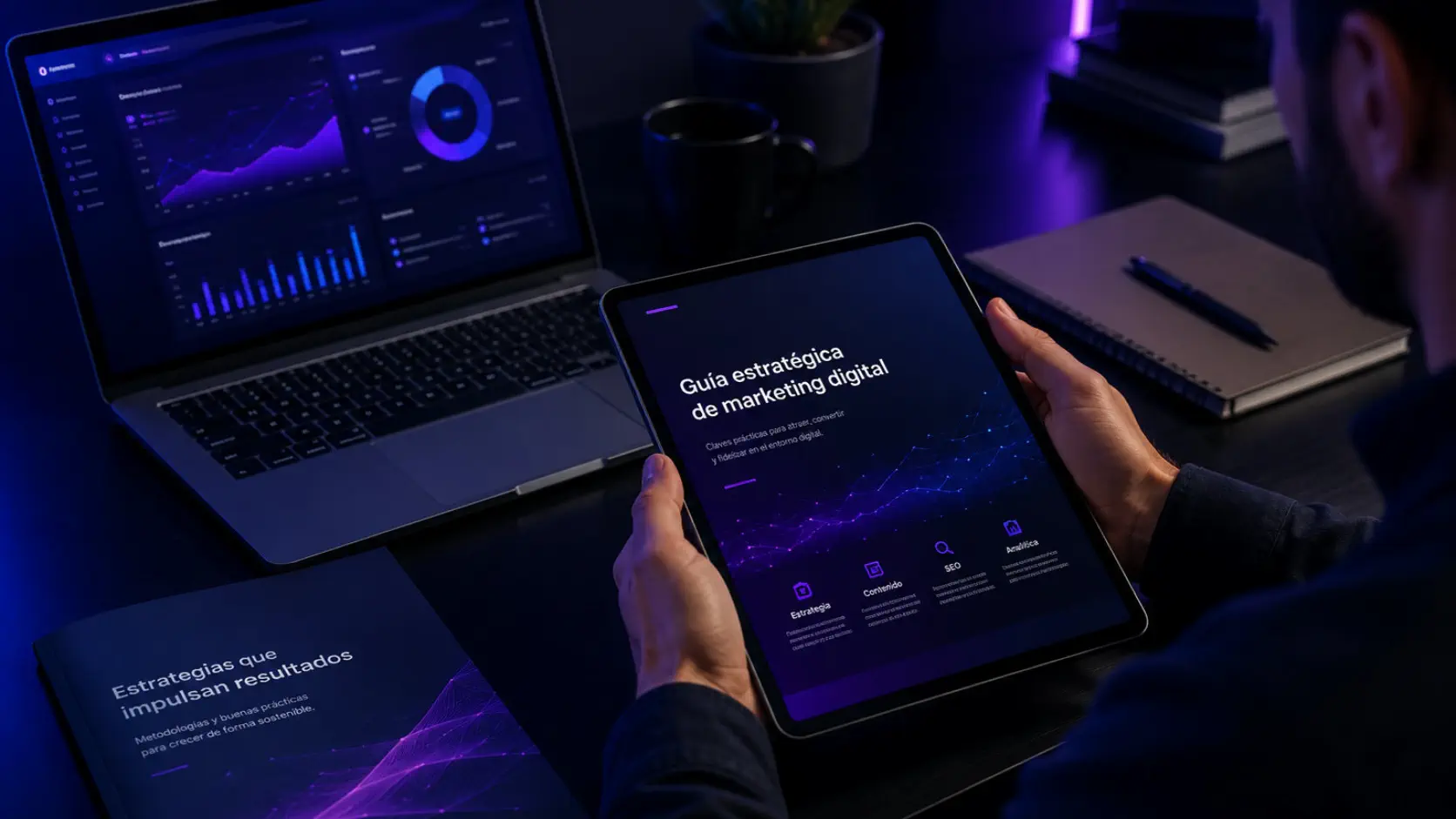 Guías de marketing digital en tablet con entorno profesional azul y morado