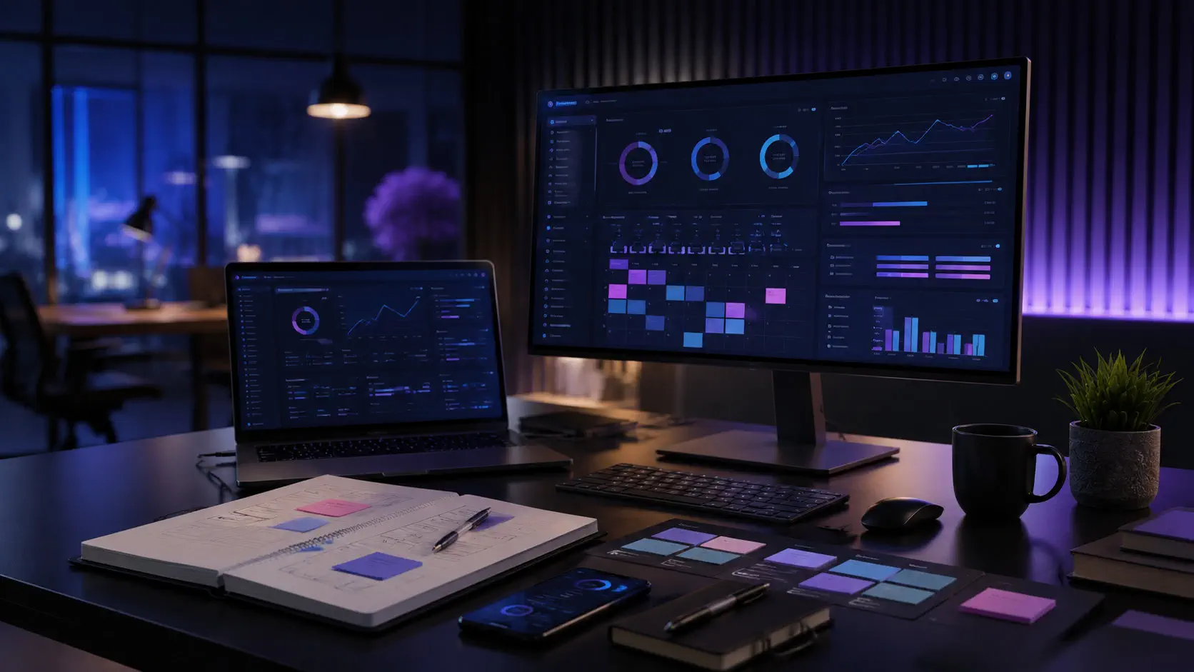Hub editorial de marketing digital con dashboards, planificación de contenidos y análisis estratégico