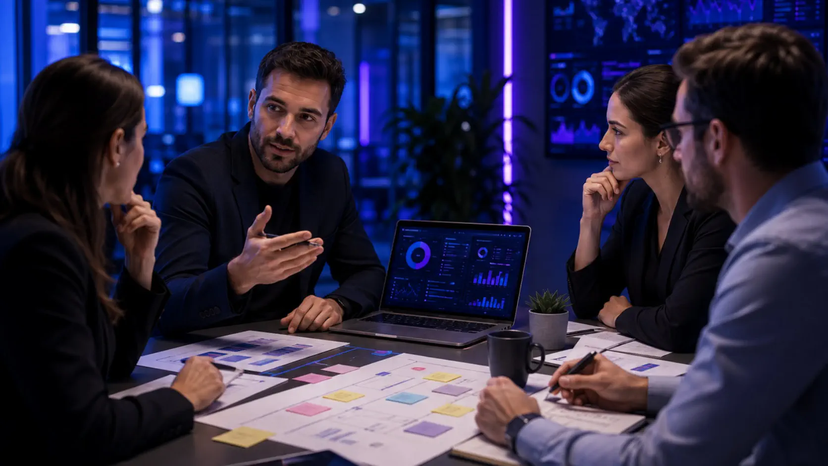 Plan de estrategia digital para pymes con consultores analizando canales, datos y acciones de marketing