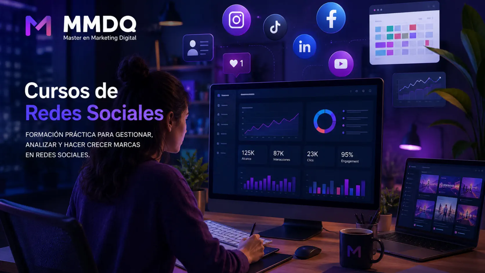 Prácticas de redes sociales con calendario de contenidos y análisis de métricas