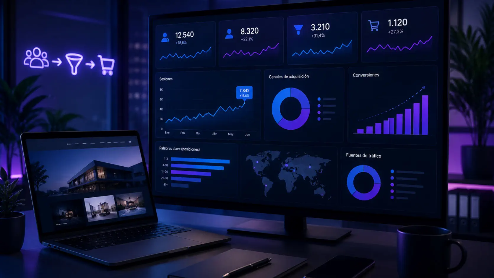 Dashboard de métricas de SEO, conversión y captación para una web profesional